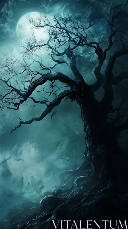 Moonlit twisted tree rising through spectral blue fog.