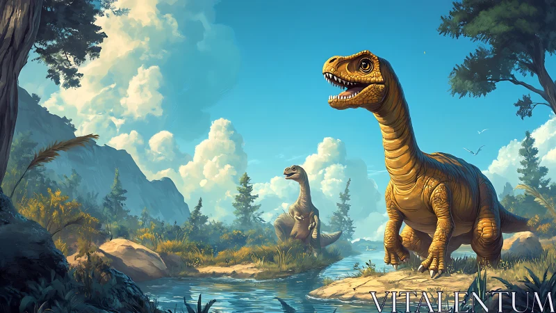Digital painting of dinosaurs in lush prehistoric river valley.
