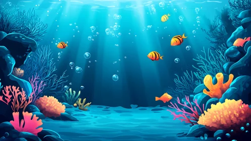 Vivid coral reef scene with stylized tropical fish.