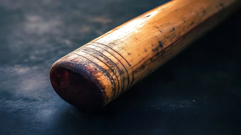 Close-up view of worn wooden baseball bat on dark surface.