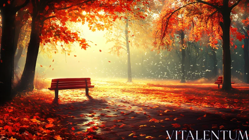 Digital painting of autumn park benches in radiant backlight.