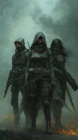 Hooded futuristic soldiers in smoky battlefield scene.
