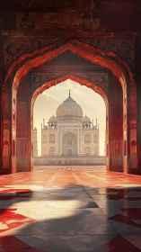 Taj Mahal framed by red sandstone arch in golden haze.