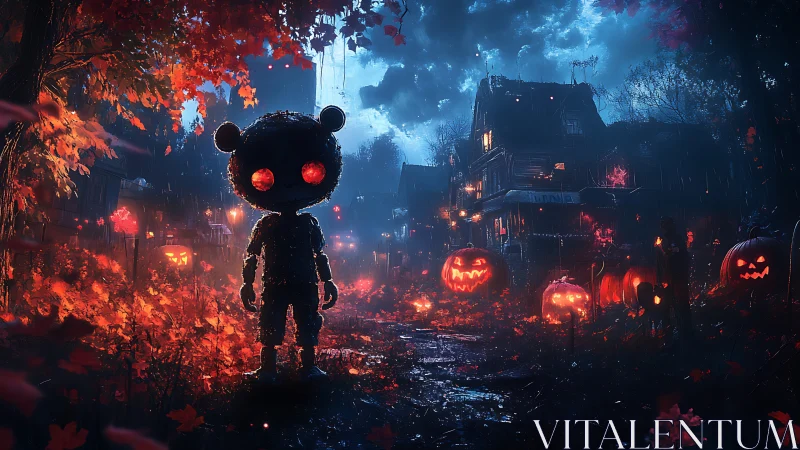 Silhouetted figure in pumpkin-lit rainy neighborhood at dusk.