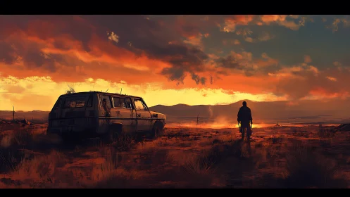 Solitary figure crossing post-apocalyptic desert at dusk