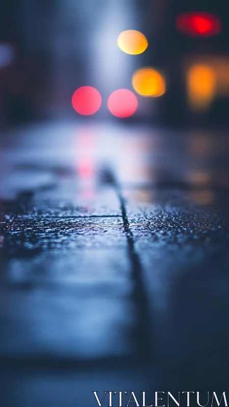 Wet urban pavement with blurred night traffic lights.