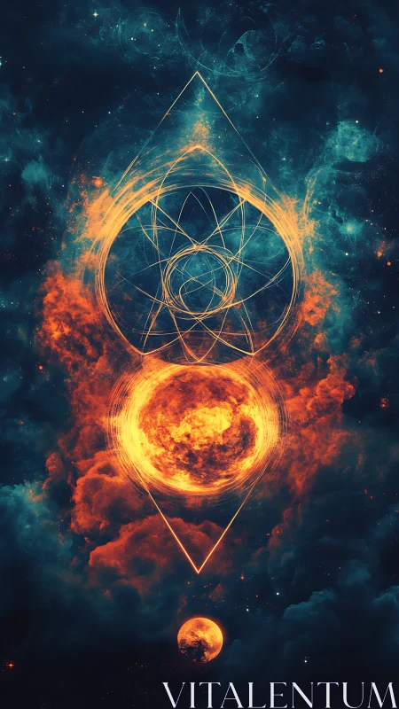 Geometric fiery orb floats in teal cosmic nebula field