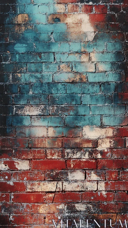 Weathered brick wall glows with teal and rust patina hues