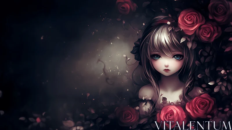 Melancholic anime girl framed by deep red roses.