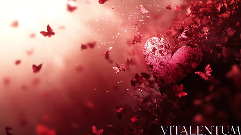 Textured heart with butterflies in deep red gradient.