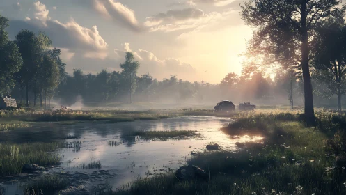 Sunlit armored convoy crossing reflective riverside meadow