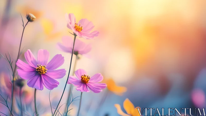 Soft pink cosmos sway in a dreamy, glowing sunset field.