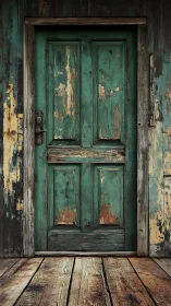 Weatherworn teal door whispering stories in peeling paint.