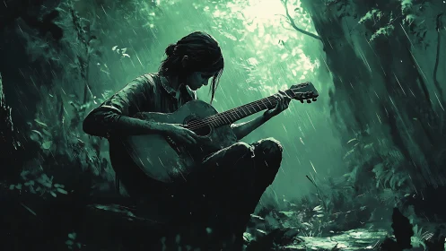 Solitary guitarist finds refuge in rain-soaked forest clearing.