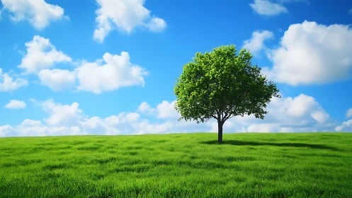 Lone Green Tree on Vibrant Meadow Under Blue Sky, Photorealistic Scene.