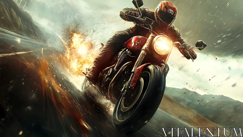 Firetrail rider bursting through stormlit mountain highway.