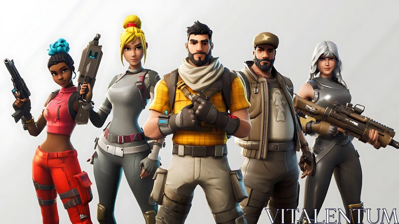 Squad of stylized heroes stand locked and loaded for battle.