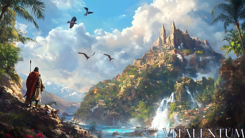 Lone traveler gazes toward a radiant cliffside fantasy kingdom