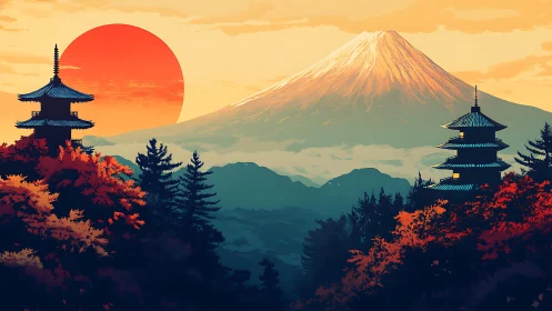 Mount Fuji landscape with temples and red sun at dusk.