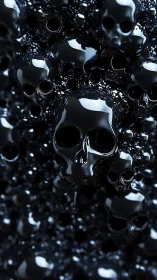Cluster of reflective black skull forms in dense composition.