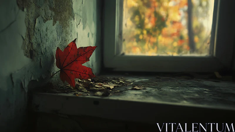 Red maple leaf on decayed interior windowsill in soft bokeh light
