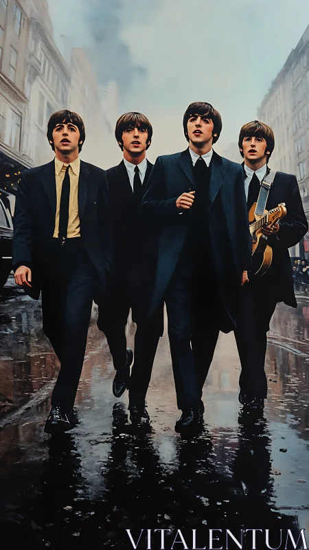 Photorealistic city street portrait with dynamic quartet stride.