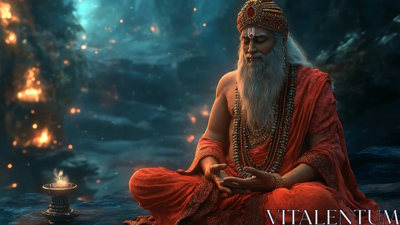 Elderly robed figure sits cross legged in illuminated cave