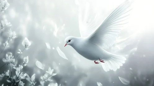 White Dove in Flight Through Blooming Flowers with Feather Details.