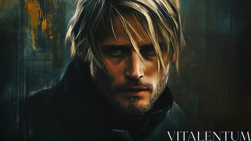 Male portrait with blond hair against dark abstract background.