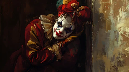 Melancholic jester portrait in chiaroscuro digital painting.