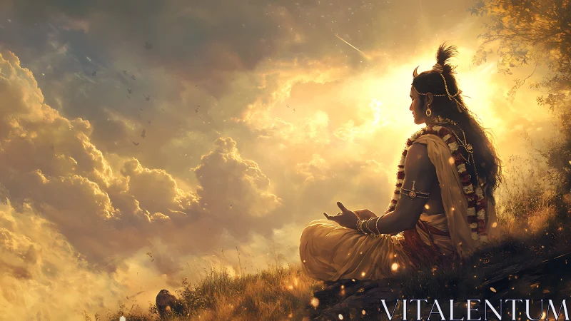 Divine figure sits on hillside under glowing golden sky