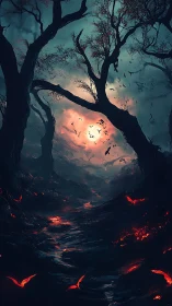 Twisted forest path with molten ground and distant red sun.