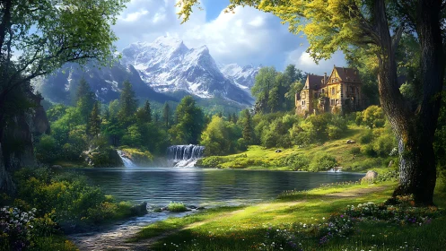 Lakeside manor beneath snowcapped mountains at sunrise.