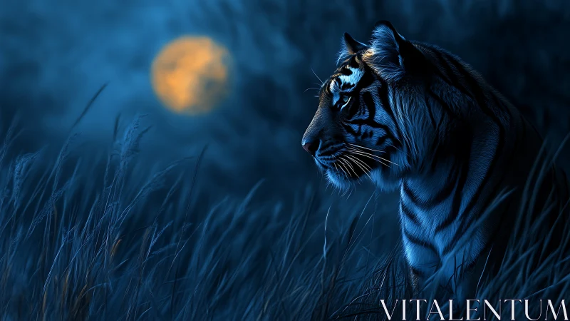 Moonlit tiger sentinel in cobalt grassland hush.