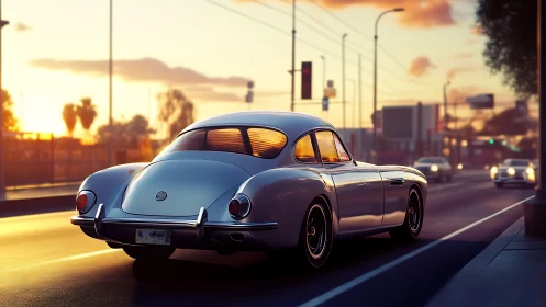 Vintage silver coupe drives through city at sunset
