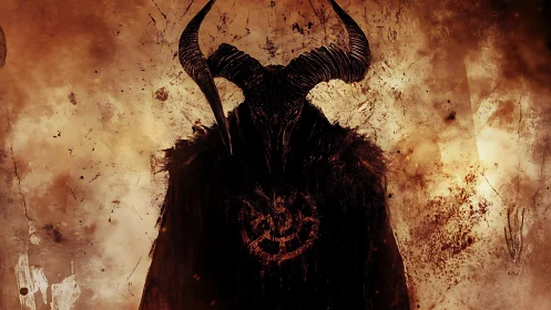 Horned shadow figure against burning textured background.