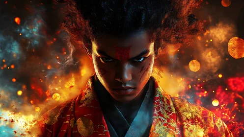 Intense fire-wreathed warrior stares forward with blazing focus