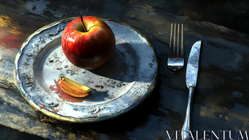 Weathered still life renders hyperreal apple and cutlery on wood