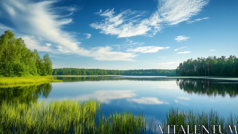 Calm forest lake with reeds and blue sky reflections.