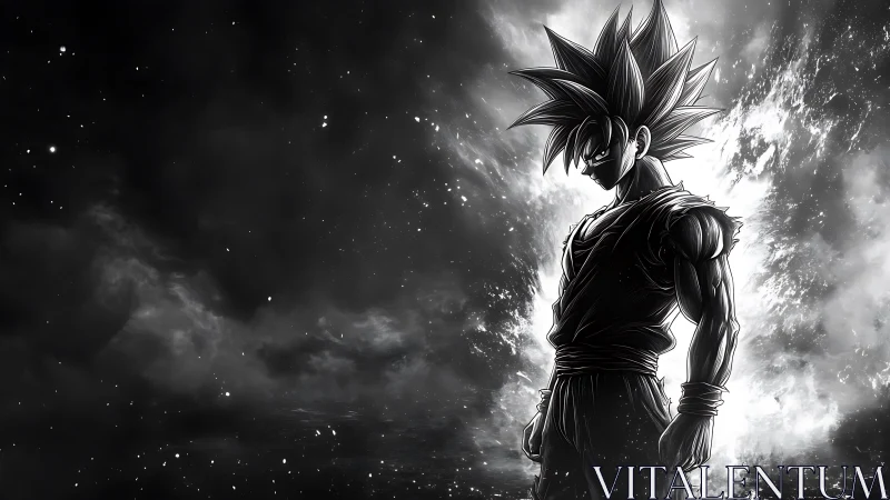 Saiyan warrior silhouette radiates monochrome cosmic power.