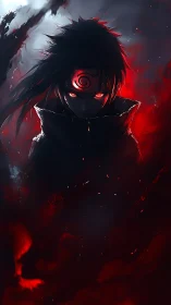 Shadows swirl as a red eyed anime warrior steps from darkness