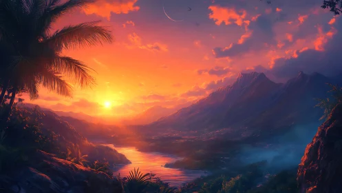 Sunlit tropical valley opens toward glowing mountain sunset