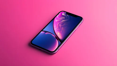 Modern smartphone with vibrant display on pink background, minimal style.