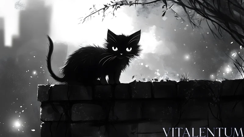 A Mysterious Black Cat on a Shadowy Rooftop.