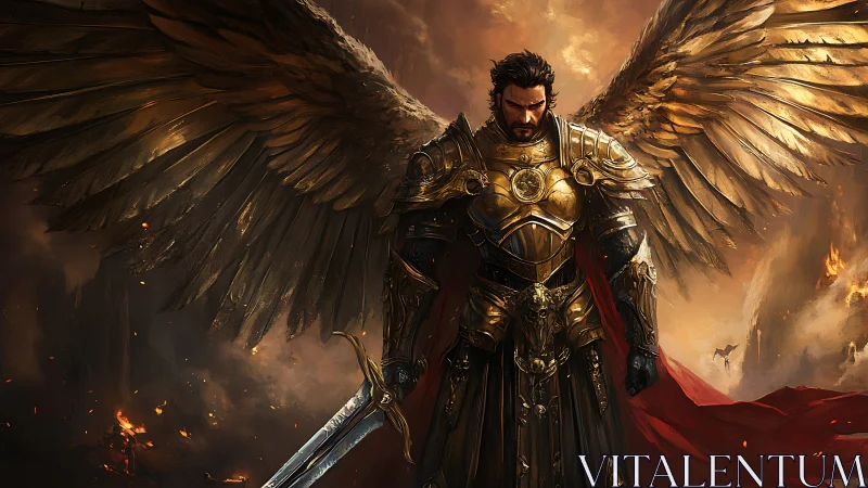 Golden winged knight descends into burning battlefield