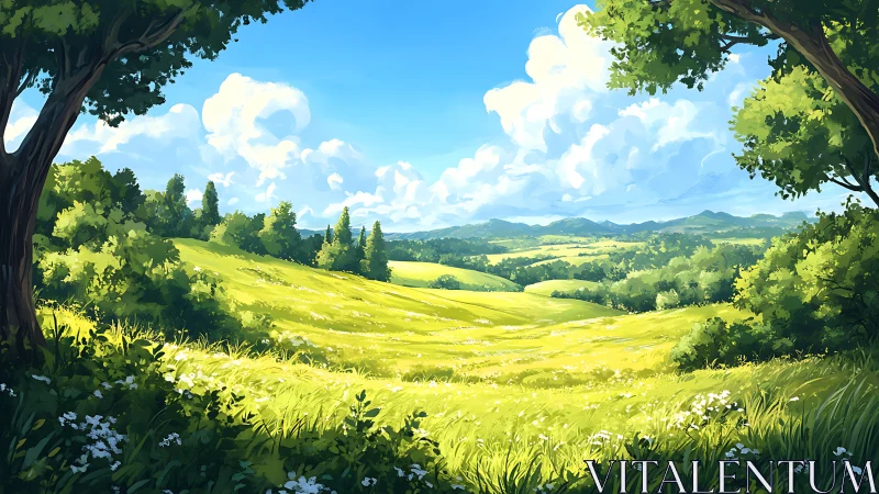 Sunlit meadow rolls toward distant hills under bright clouds