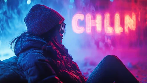 Side profile shows subject in cold scene with neon sign