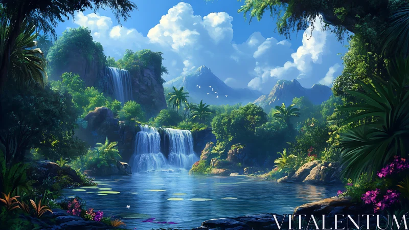 Digital landscape depicts layered waterfalls in dense valley