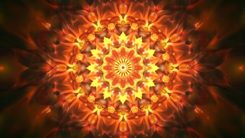 Radiant fractal mandala blooming in molten amber light.