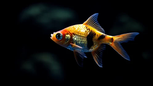 Golden aquarium fish illuminated against deep black water.